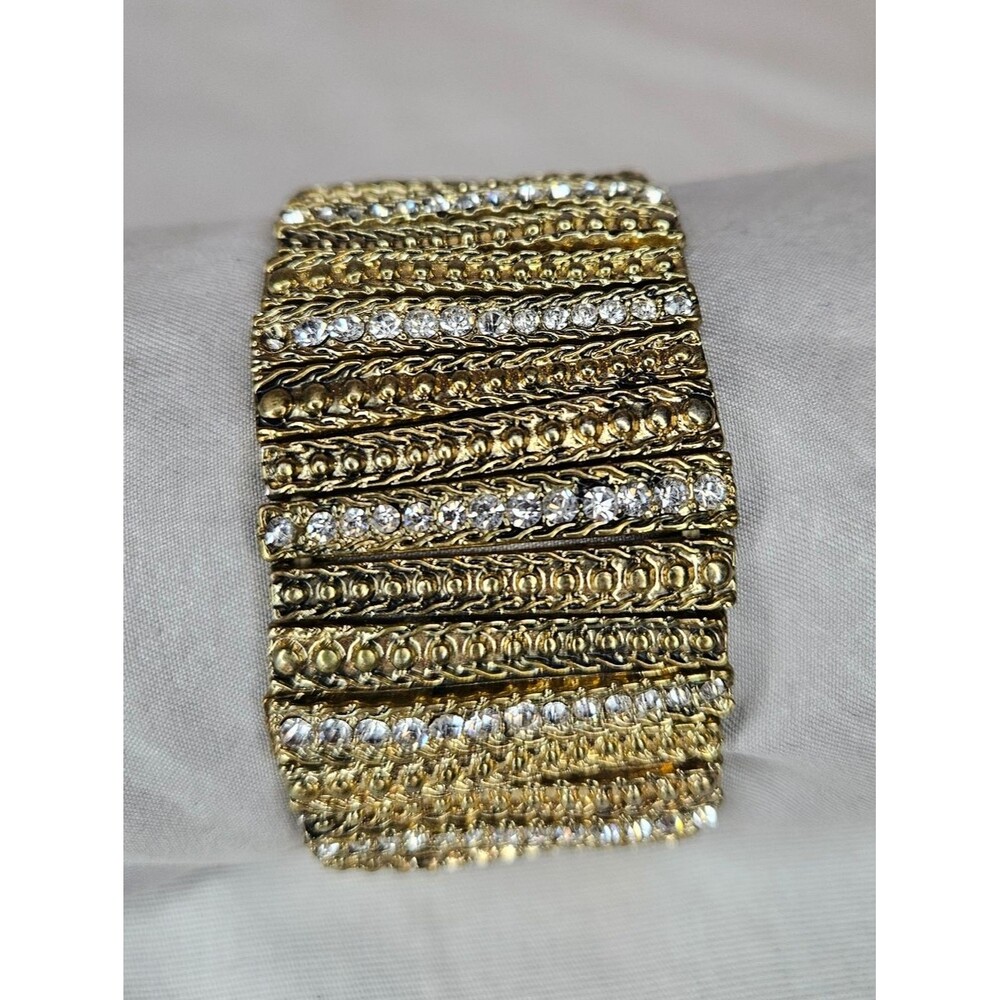 Gold Rhinestone-Accented Wide Cuff Stretch Bracelet